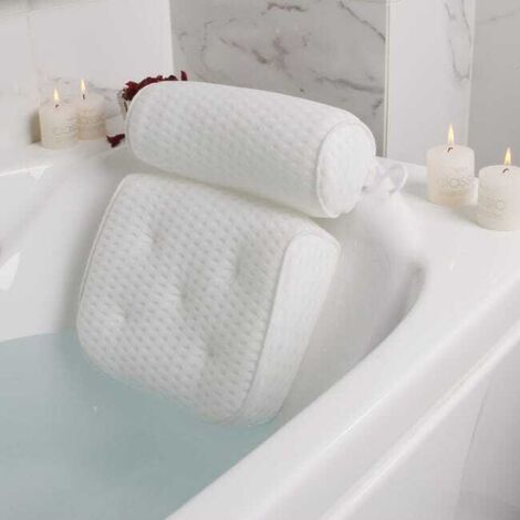 Almohada de baño antideslizante de lujo para cabeza y cuello, malla transpirable 4D y 6 ventosas, cojín de baño suave, regalo para spa (cuadrada, blanca).