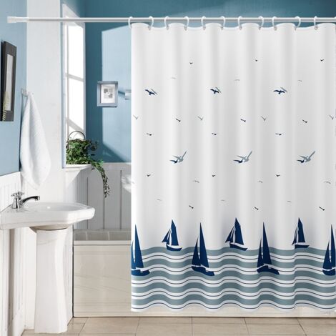 Cortina de ducha impermeable y lavable, de poliéster, con estampado náutico, con ganchos, 180 x 180 cm.