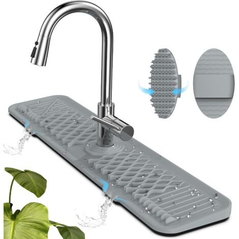 Protector antisalpicaduras de silicona para fregadero de cocina con cepillo de limpieza, alfombrilla para fregadero extralarga y gruesa, color gris.