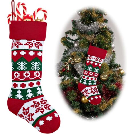 Calcetín navideño gigante con estampado de copos de nieve, bonito calcetín rojo de punto con copos de nieve, para colgar en la chimenea.
