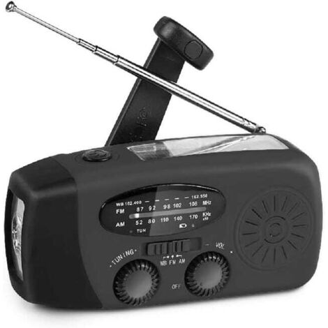 Radio de emergencia con manivela y linterna LED, radio portátil NOAA AM/FM con batería externa de 2000 mAh, color negro.