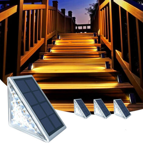 Juego de 4 luces solares exteriores para escaleras, de luz blanca cálida, con clasificación de impermeabilidad IP67, ideales para suelos, porches, patios, pasillos, jardines y entradas de garaje.