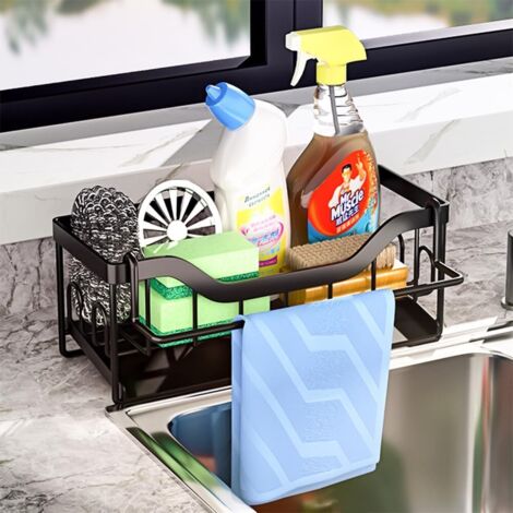 Estante de almacenamiento para fregadero de cocina, soporte para esponja de acero inoxidable 304, soporte para cepillo de jabón con bandeja autodrenante (negro)