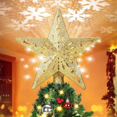 Proyector de copos de nieve LED, adorno para la cima del árbol de Navidad, estrella dorada brillante de 28 cm, copo de nieve giratorio iluminado, decoración navideña