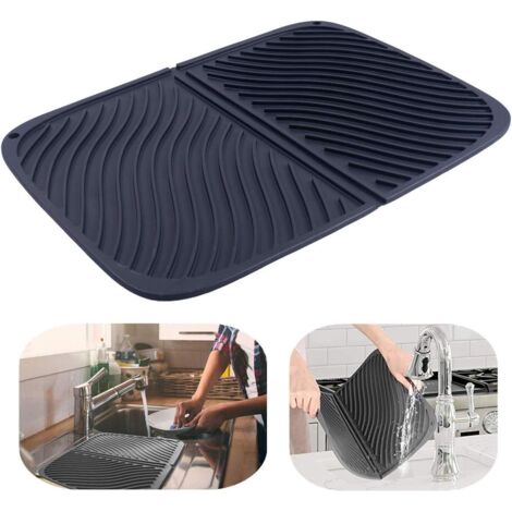 Alfombrilla de silicona grande con sistema de drenaje, resistente al calor y apta para lavavajillas, de 43 x 30 cm (negra).