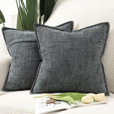 Juego de 2 fundas de cojín decorativas de chenilla, 45 x 45 cm, para sofá, sillón, estilo bohemio, cojín decorativo para cama, gris oscuro.