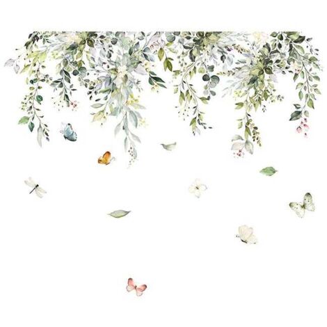 Vinilo decorativo de hojas verdes en acuarela, vinilo decorativo de plantas grandes, vinilo decorativo de flores y mariposas.