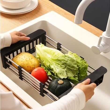 Escurridor de cocina plegable de acero inoxidable, rejilla de drenaje, escurridor de platos, accesorio de cocina, negro, 17 cm de ancho.