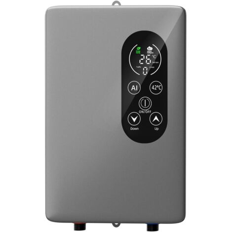 Este calentador de agua eléctrico instantáneo de 5500 W es apto para fregaderos de cocina y duchas de baño, y es de color gris.