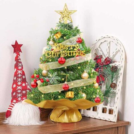 Árbol de Navidad artificial de 60 cm con luces LED, pequeño árbol de Navidad de mesa con adornos colgantes, decoración navideña.