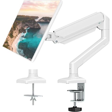Soporte de escritorio para una sola pantalla, compatible con pantallas de hasta 32 pulgadas, con estándares VESA 75x75 y 100x100, color blanco.