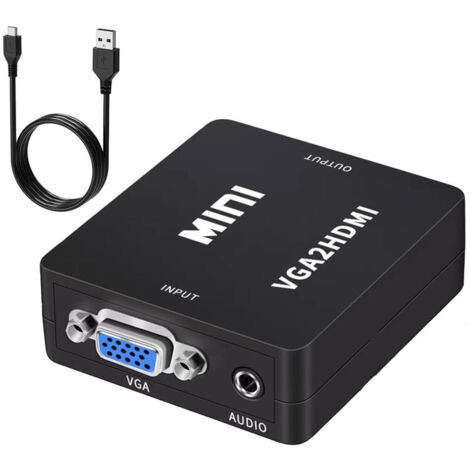 Adaptador de vídeo portátil VGA a HDMI para ordenador, proyector, TV Box y consola de videojuegos con chip inteligente, color negro.