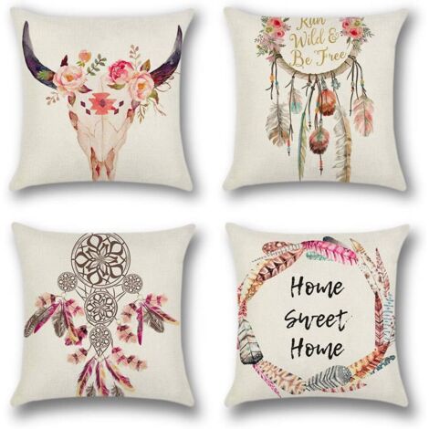Fundas de almohada decorativas, juego de 4 piezas de fundas de cojín en mezcla de poliéster y lino, adecuadas para coches, sofás y decoración del hogar, fundas de cojín de 45 x 45 cm (atrapasueños).