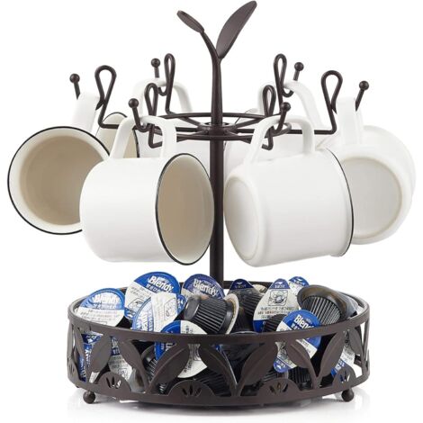 Soporte para tazas de café con cesta de almacenamiento para bolsas de café, soporte giratorio de 6 niveles, estante de almacenamiento de cocina
