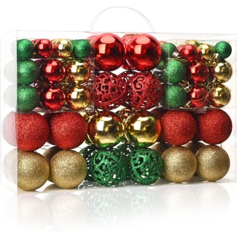100 adornos navideños de plástico para colgar, perfectos para fiestas navideñas, bodas y otras celebraciones (rojo + verde + dorado).