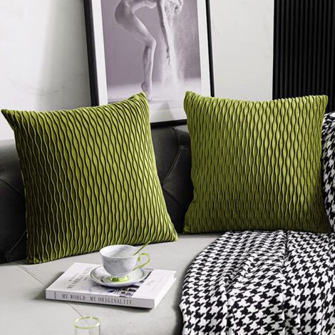 Fundas de almohada verde hierba: juego de 2 piezas, fundas de almohada cuadradas decorativas de terciopelo a rayas de 45,7 cm x 45,7 cm, adecuadas para sofás de dormitorio.