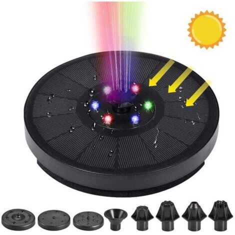 Fuente solar, bomba de agua flotante de 3 W alimentada por energía solar con 8 boquillas y 4 fijaciones, fuente solar para pájaros con LED (de colores)