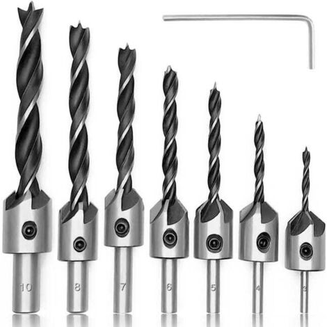 Juego de 7 brocas para madera con avellanador, fresa cónica de acero HSS para madera con llave hexagonal, herramienta para biselar madera, fresa de carpintería HSS de 5 filos con forma de corazón.