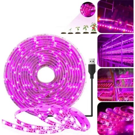 Lámpara de crecimiento para plantas, tira de luz LED para el crecimiento de las plantas, resistente al agua, espectro completo, alimentada por USB, 4 metros de largo.