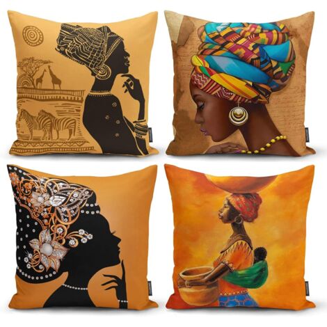 Funda de almohada de estilo étnico - Funda de almohada cuadrada con estampado tribal - Funda de almohada para mujeres negras - Cojín decorativo para niñas afroamericanas, 45,7 x 45,7 cm, naranja (jueg