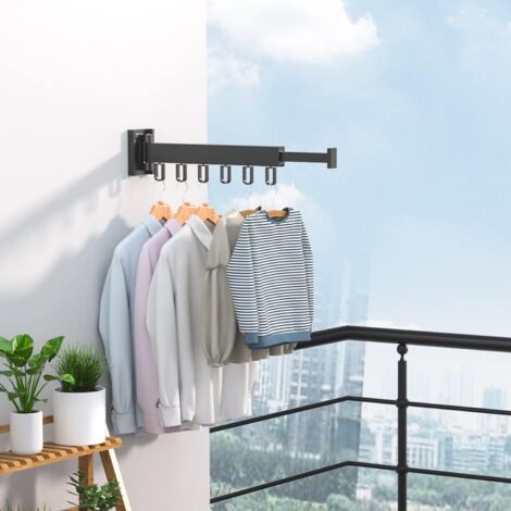 Tendedero de ropa retráctil de pared, con barra giratoria y plegable para colgar ropa en balcón o lavadero (1 unidad, color negro).