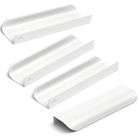Juego de 4 tiradores ocultos para puertas de armarios de cocina, de color blanco, con una distancia entre centros de 96 mm y una longitud total de 120 mm.