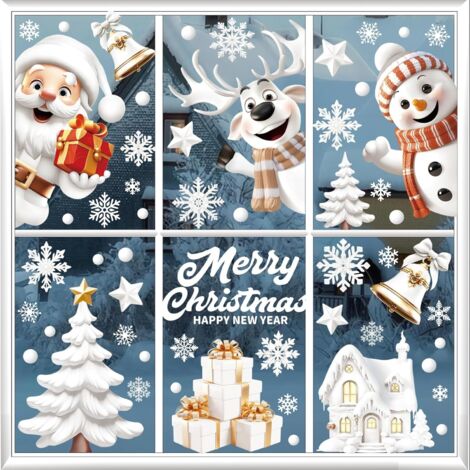 Decoraciones navideñas: 9 láminas, 146 piezas, pegatinas 3D para ventanas con diseño de copos de nieve "Feliz Navidad", ideales para la decoración navideña.