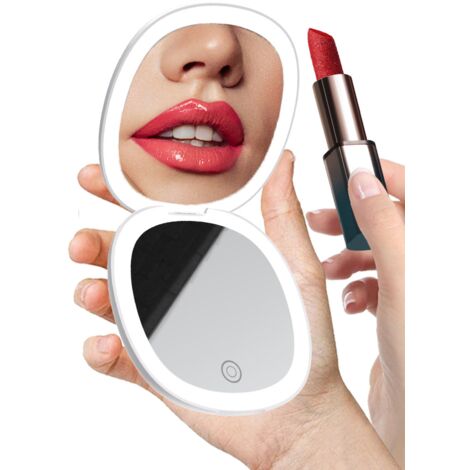 Espejo de bolsillo LED compacto con aumento de 1x/10x e iluminación, recargable por USB, pantalla táctil, 3 colores, intensidad de luz ajustable.
