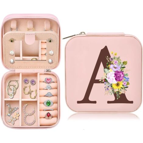 Caja de joyería, caja de joyería portátil para mujer, pequeña caja de almacenamiento de joyas con espejo, organizador de joyas de cuero sintético (rosa A)