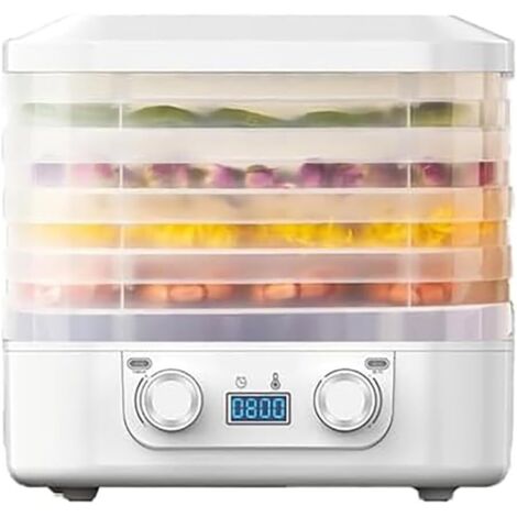 Mini deshidratador eléctrico de alimentos con 5 bandejas, ideal para secar carnes, frutas y verduras. Color blanco.
