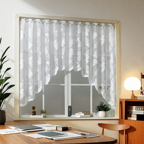 Cortina de cocina blanca (160 x 110 cm) - Mariposas y flores, velo de encaje bordado transparente, con ojales, poliéster - Para cocina/salón