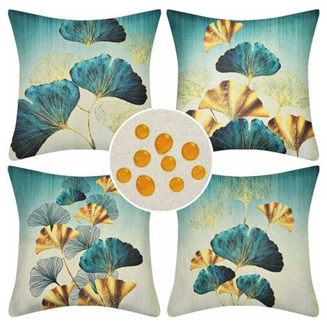 Juego de 4 fundas de cojín impermeables de lino, decoración moderna para el hogar, 45 x 45 cm, estampado de hojas, aptas para uso interior y exterior.