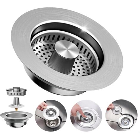 Colador de fregadero 3 en 1: tapón retráctil para fregadero, colador de acero inoxidable, tapón y desagüe con cesta antiobstrucción.