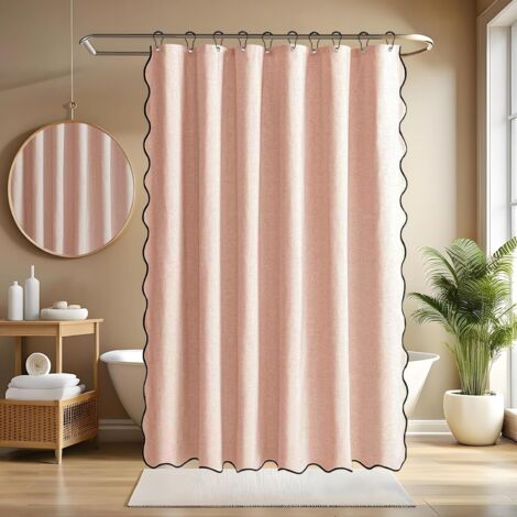 Cortina de ducha con estampado de abanicos y borde negro, confeccionada en lino texturizado, con 12 ganchos metálicos. Tejido grueso. Dimensiones: 183 x 183 cm. Color rosa.