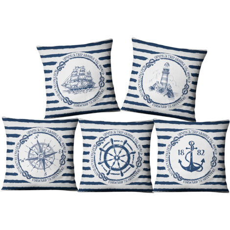 Cinco fundas de almohada de terciopelo con cuentas, de 45 x 45 cm, con temática náutica.