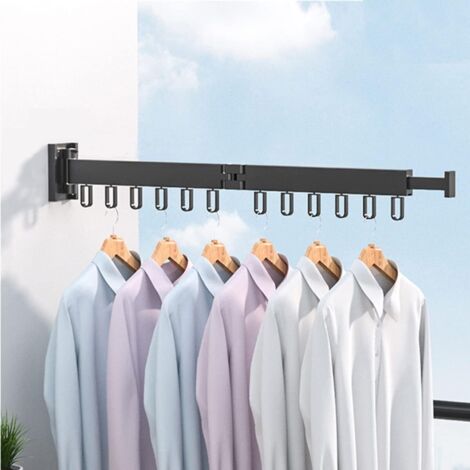 Perchero plegable (se pliega en dos secciones), retráctil, de pared, con 12 ganchos, imprescindible para colgar ropa, color negro.