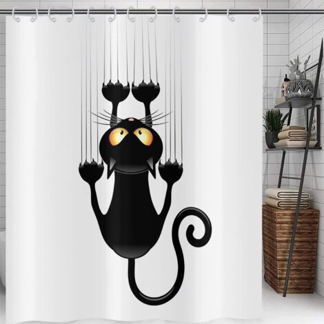 Cortina de ducha con estampado de gato negro, cortina de ducha con estampado de gatito, fondo blanco, cortina de ducha para baño de 150 x 180 cm.