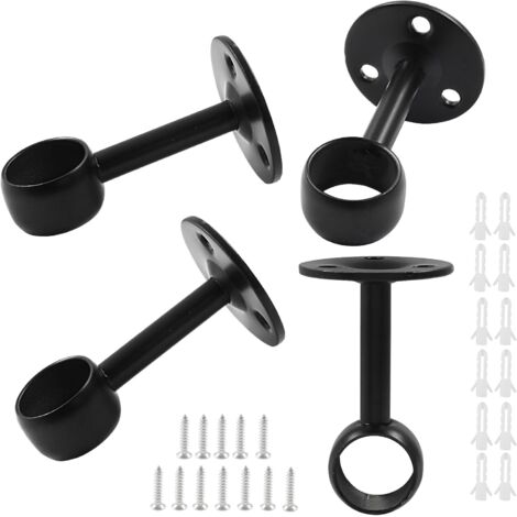 Juego de 4 soportes para barras de cortina de armario, de acero inoxidable, con base tubular redonda (19 mm de diámetro, color negro).