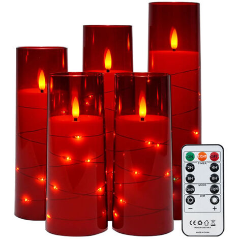 Velas LED sin parpadeo, a pilas (5 unidades), LED acrílicos, con mando a distancia, perfectas para la decoración de interiores (rojo).