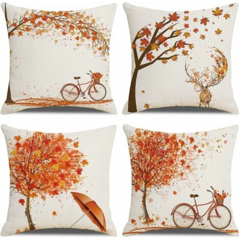 Juego de 4 fundas de almohada de 45 x 45 cm, decoradas con hojas de arce de color naranja otoñal, confeccionadas en algodón y lino, ideales para cojines de sofá, camas, dormitorios, sillas y jardines.