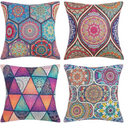 Funda de cojín cuadrada decorativa de estilo étnico bohemio con estampado floral de mandala (45 x 45 cm), confeccionada en algodón y lino, ideal para sofás y salones, juego de 4 piezas.