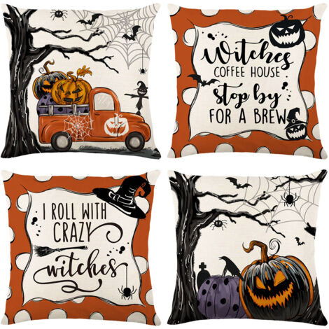 Juego de 4 fundas de almohada terroríficas de Halloween, de 45x45 cm, con diseños de calabazas, arañas y cuervos, hechas de lino, aptas para la sala de estar, el dormitorio y para uso en exteriores.