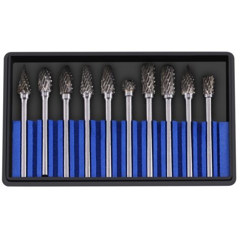 Juego de 10 herramientas de acero para desbarbar, vástago de 3 mm, cabezal de 6 mm de diámetro, herramienta rotativa para grabado y tallado (doble corte).