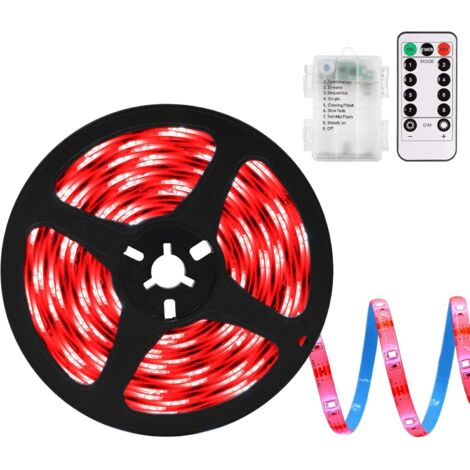 Tira de LED a pilas con mando a distancia, luz roja, 8 modos, intensidad ajustable, temporizador, autoadhesiva, recortable, resistente al agua, 3 m (9,8 pies).