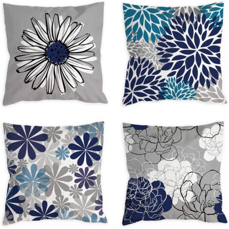 Fundas de almohada azules de 45 x 45 cm, juego de 4 piezas, fundas de almohada decorativas grises, cojines para sala de estar, almohadas para cama, decoración interior/exterior en azul marino y gris.
