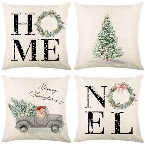 Un juego de 4 fundas de almohada navideñas, decoradas con lino y adornadas con motivos de mimbre.