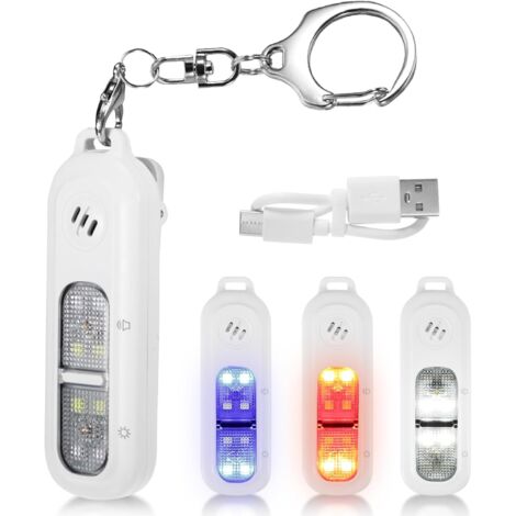 Sirena de defensa personal, 130 decibelios, con luz estroboscópica, recargable, blanca, con llavero, 1 unidad.