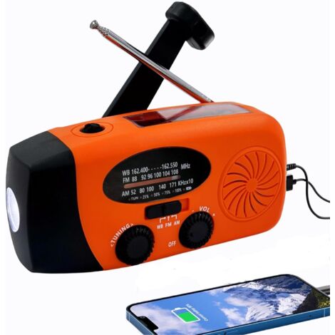 Radio solar con manivela de 6000 mAh, radio solar NOAA/FM/AM, radio portátil de supervivencia con función SOS, cargador USB portátil (naranja).