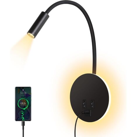 Aplique de pared LED, luz nocturna con cuello de cisne y puerto de carga USB (luz cálida de 3W + 9W) (negro)