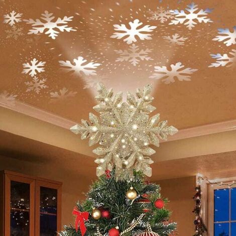 Adorno para la punta del árbol de Navidad de 25 cm con proyector de copos de nieve, copo de nieve mágico LED giratorio, adorno navideño 3D hueco con purpurina.
